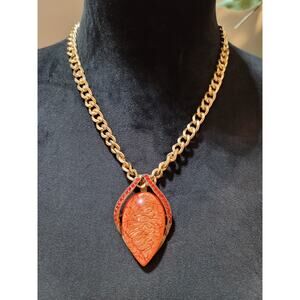Women's Gold Chain Necklace With Lobster Clasp And Orange Teardrop Pendant